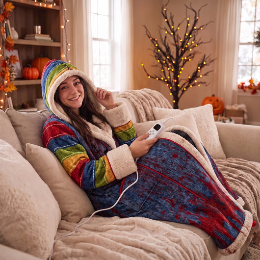 Woman relaxing on a sofa in the Chucky Heated Robe
