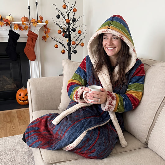 Woman with a mug wearing the Chucky Heated Robe